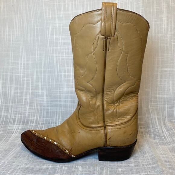 Vintage TONY LAMA Tan with Lizard Tip Embroidered Cowboy Western Boots Women 7.5 - Picture 1 of 8